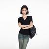 American front shoulder V-neck short-sleeved T-shirt women's summer new Korean pure desire bottoming slim and thin women's top