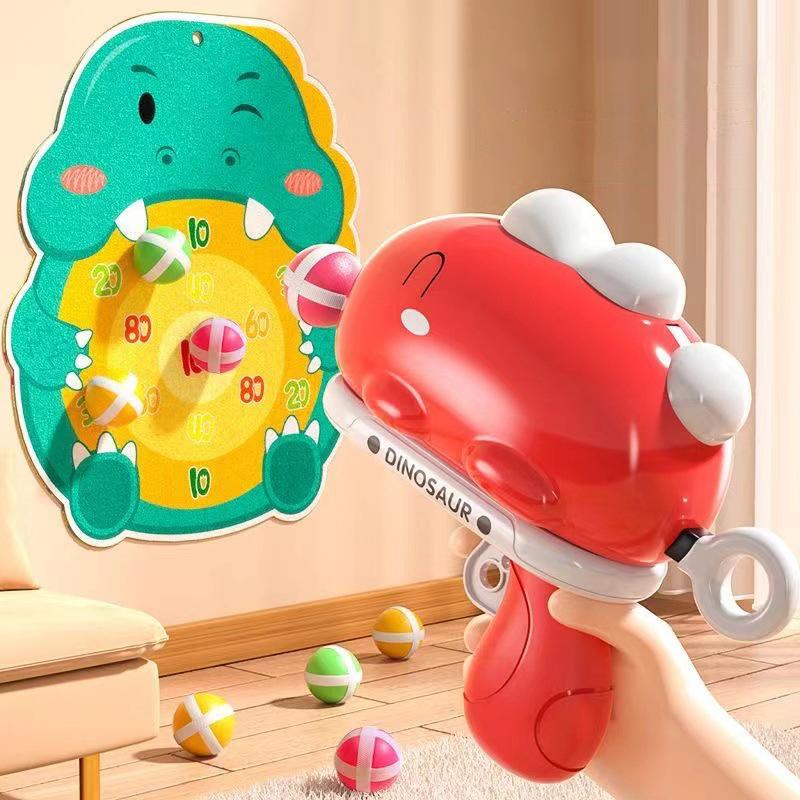 1 Set Catapult Target Dart Board Sport Softball Interactive Toys For Boys Girls Gift Kids Cartoon Dinosaur Sticky Ball Gun Toy