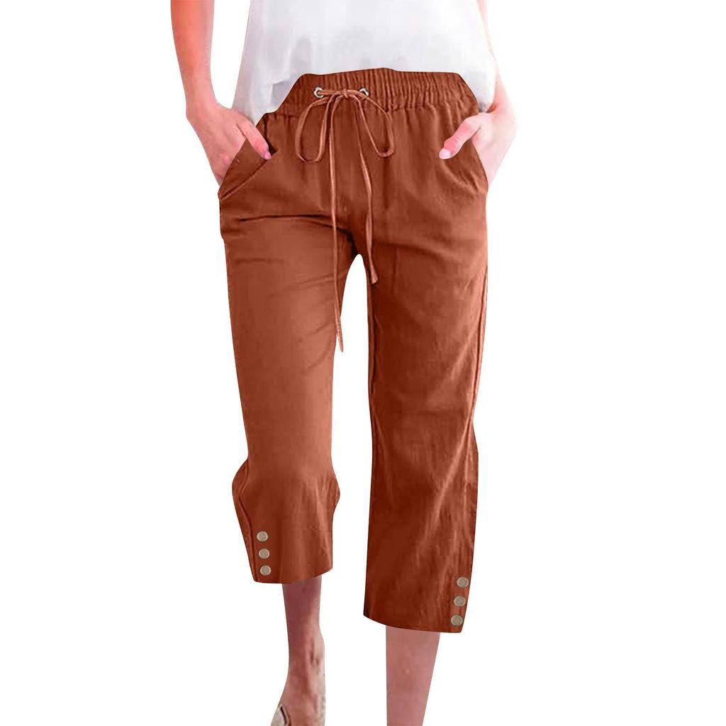 Spring Solid Color Cotton Linen Drawstring Cropped Pants