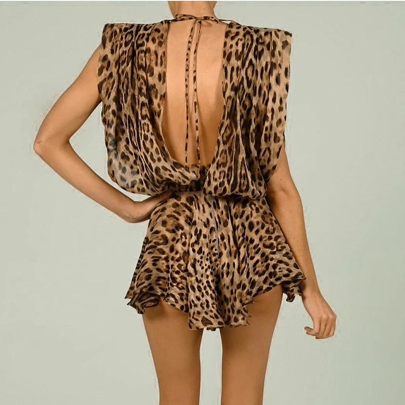 Leopard Print Silk Dress Women Sexy Deep -Neck Backless Beach Dresses Summer Sleeveless Chiffon Holiday Party Dress