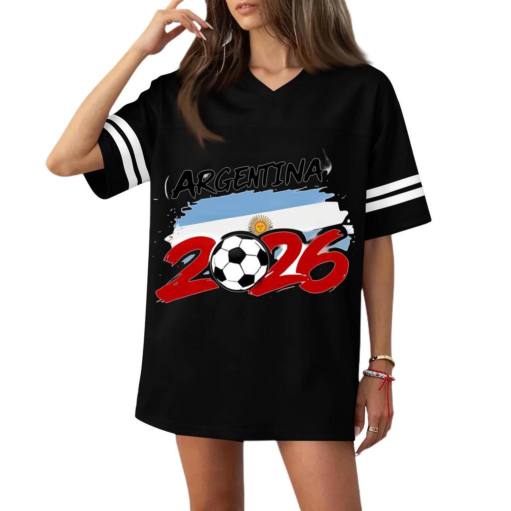 Women's Casual V Neck Soccer Jersey Style Short Sleeve Top with Argentina Flag and Football Print for Sports and Wear