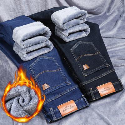 Winter Jeans Elastic Loose Straight Business Blue Casual Long Pants Piled Thickened Thermal Trousers