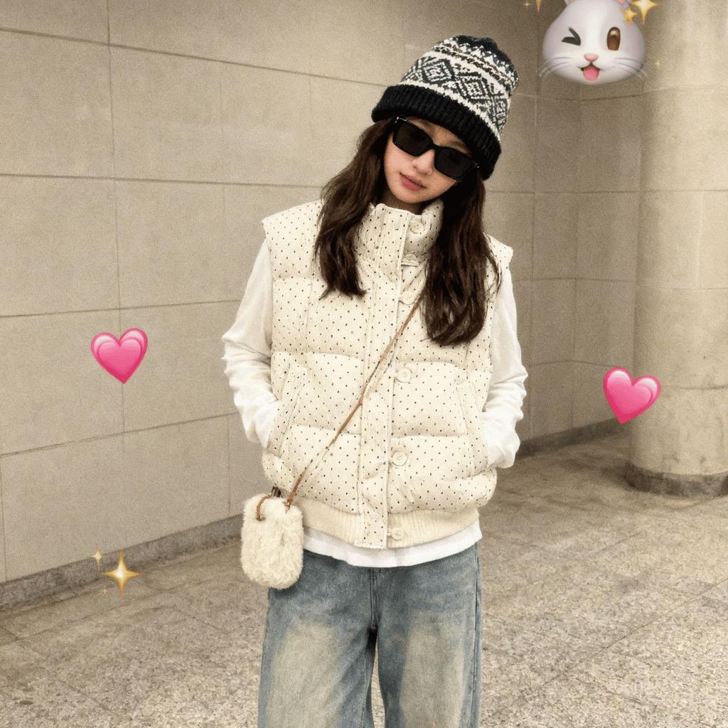 Cappotto Imbottito Caldo con Collo Alto Donna Inverno Design Coreano Dolce College Lavorato a Maglia Pois Giuntura Top Esterno