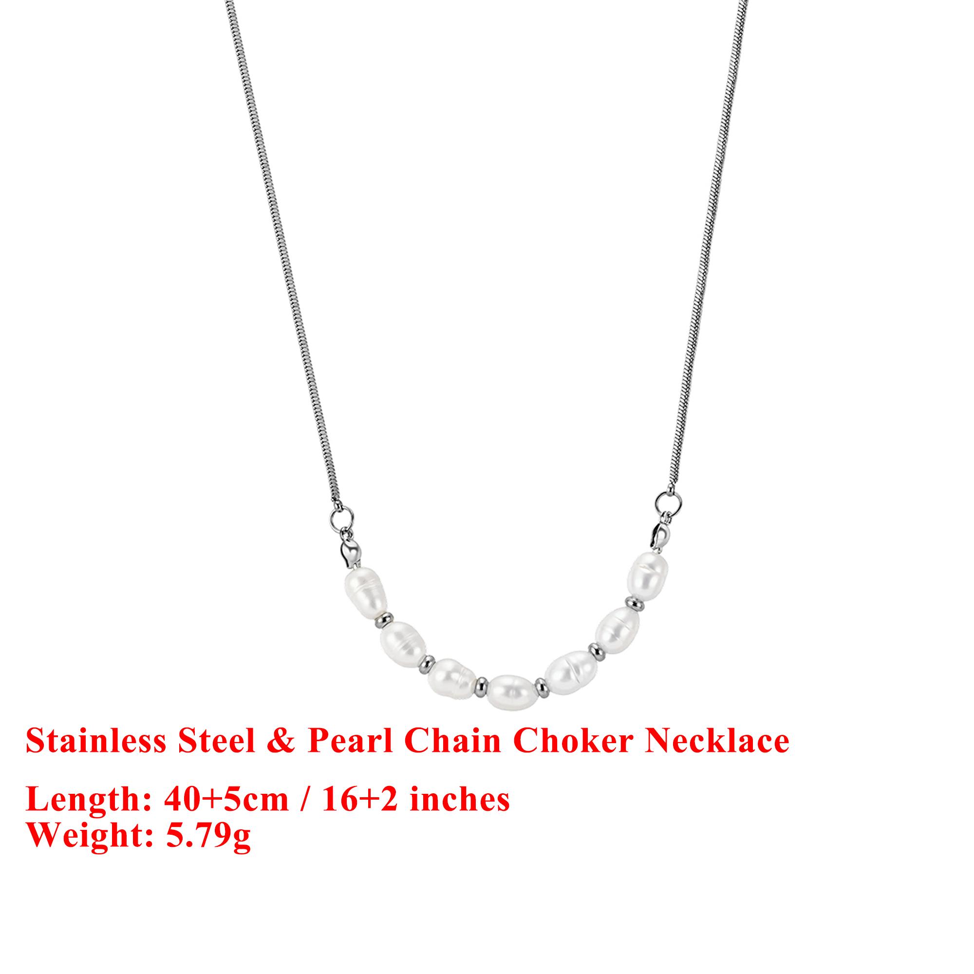 

EFFIE QUEEN Stainless Steel 18k Gold Oval Pearl Chain Choker Necklace Natural Jewelry for Women Wedding Party Banquet STPN04 срібний