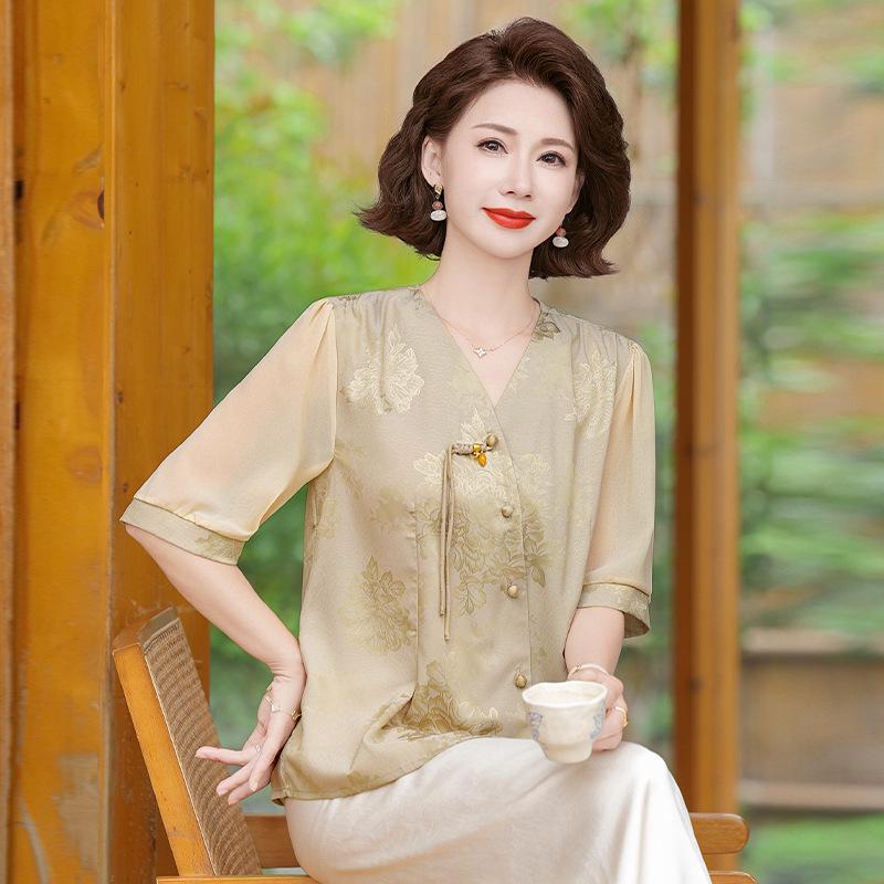 Elegante Top in Seta per Donne Petite di Mezza Età - Stile Cinese, Camicia Estiva a Maniche Corte in Seta di Gelso