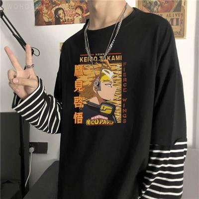 Harajuku Anime My Hero Academia Takami Keigo Hawks Long Sleeve T Shirts Funny Cartoon Graphic Unisex Summer Loose Stripe T-Shirt