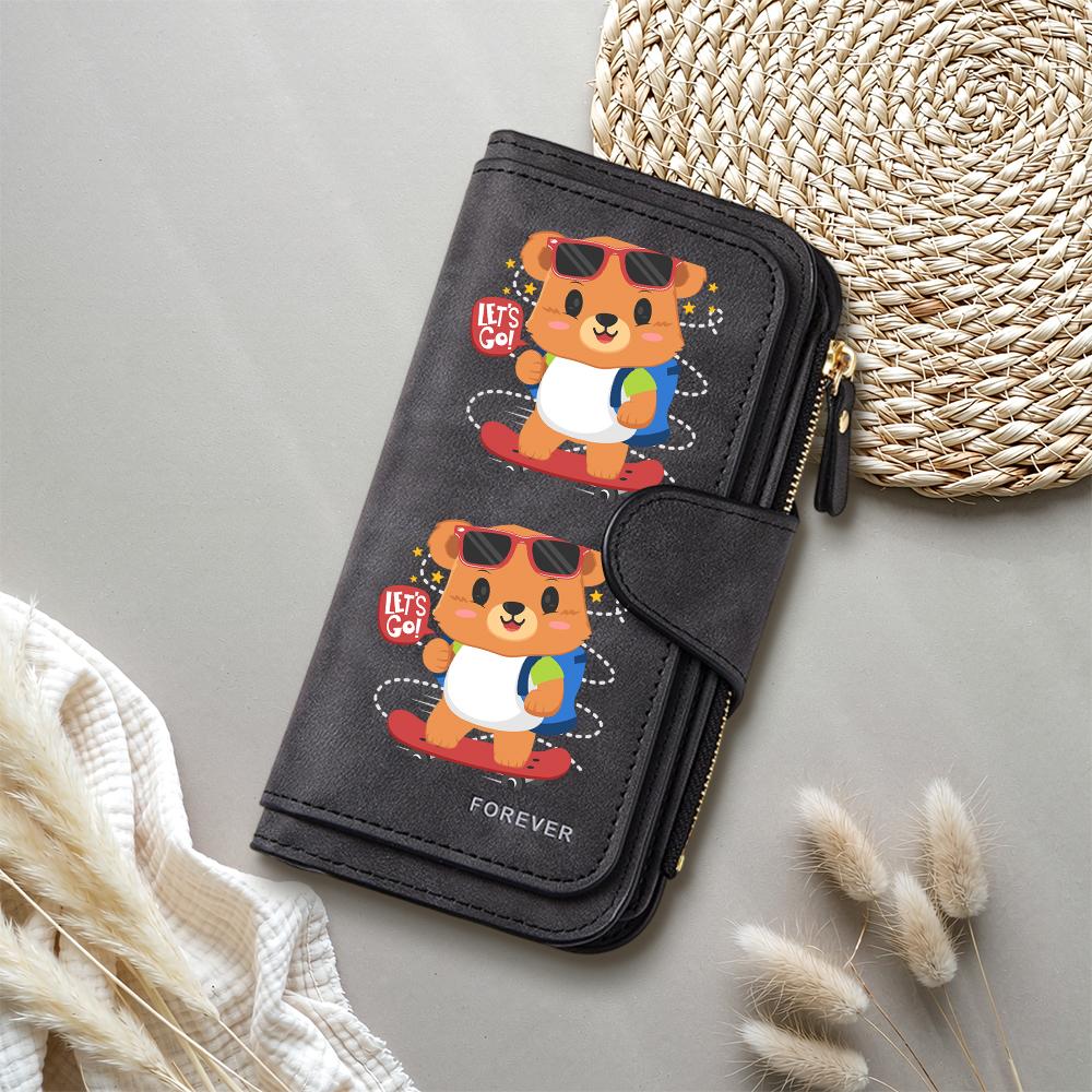 Cute Bear Print Long Wallet Fashion PU Leather Portable Purse Casual Card Holder for Daily Use