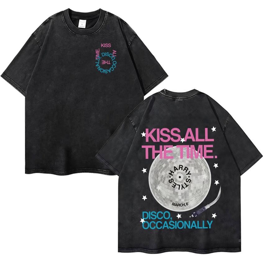 Harry Styles Küsst Immer Disco Gelegentlich Tour Hochwertig Vintage Gewaschen Rundhals T-Shirt Fan Geschenk Unisex Baumwoll-T-Shirt