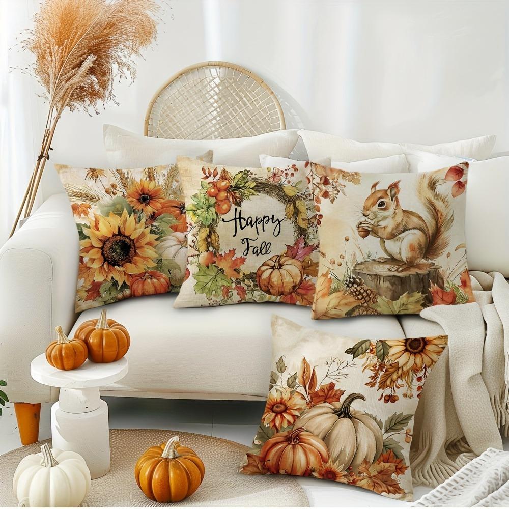 Home Decor Autumn-Themed Squirrel & Pumpkin Throw Pillows Pattern Cushion Cover Suitable For Sofa Bedroom Car Pillow Cover