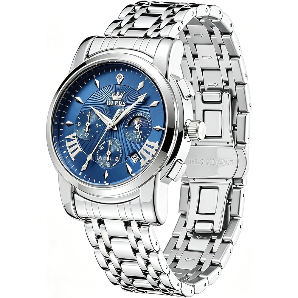 OLEVS Men's Chronograph Watch Blue/White Analog Waterproof Business Style Large Display Quartz
