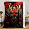 Fiery dragon head with horns, surrounded by red scales and swirling clouds. for all seasons blanket lunch break throw gift
