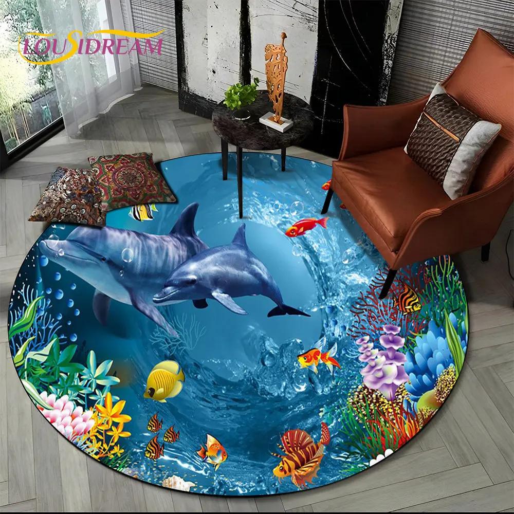 3D Seabed Illusion Underwater World Dolphin Round Area Rug,Carpet for Living Room Bedroom Sofa Playroom Decor,Non-slip Floor Mat