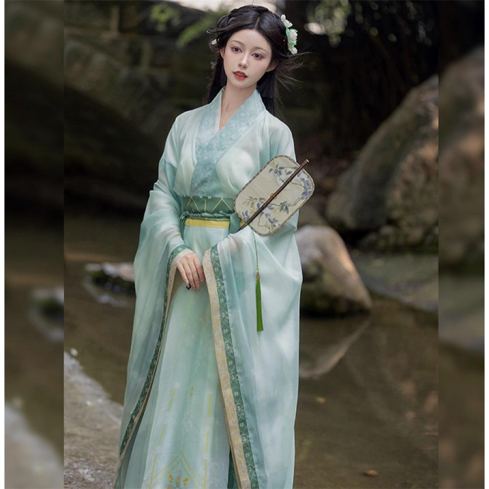 Hanfu de style chinois pour femmes des dynasties Wei et Jin, col croisé, manches larges, costume jupe une pièce