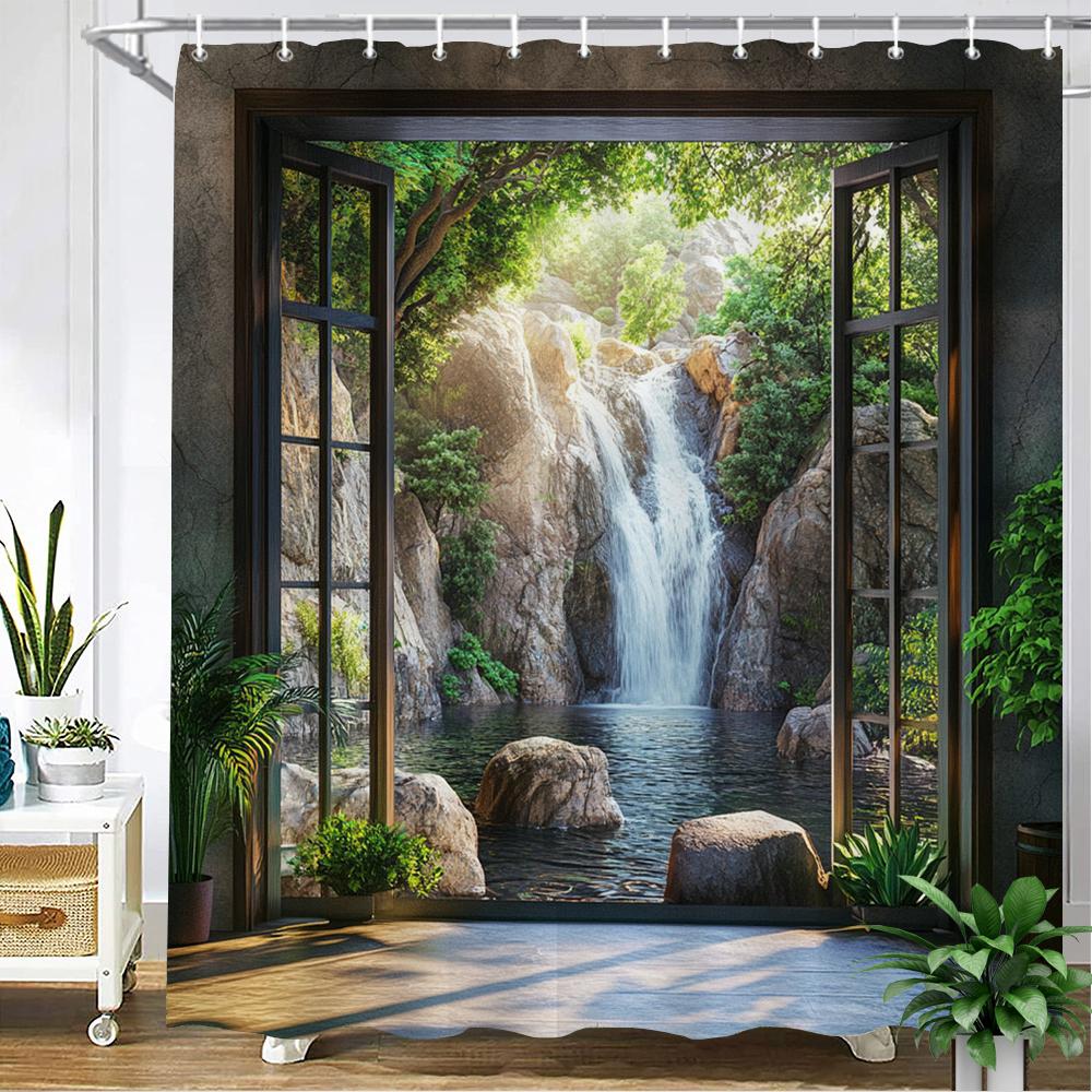 Forest Scenery Outside the Window Shower Curtain Bath Curtain Landscape Printed Bathroom Curtains for Home Decoration Curtain