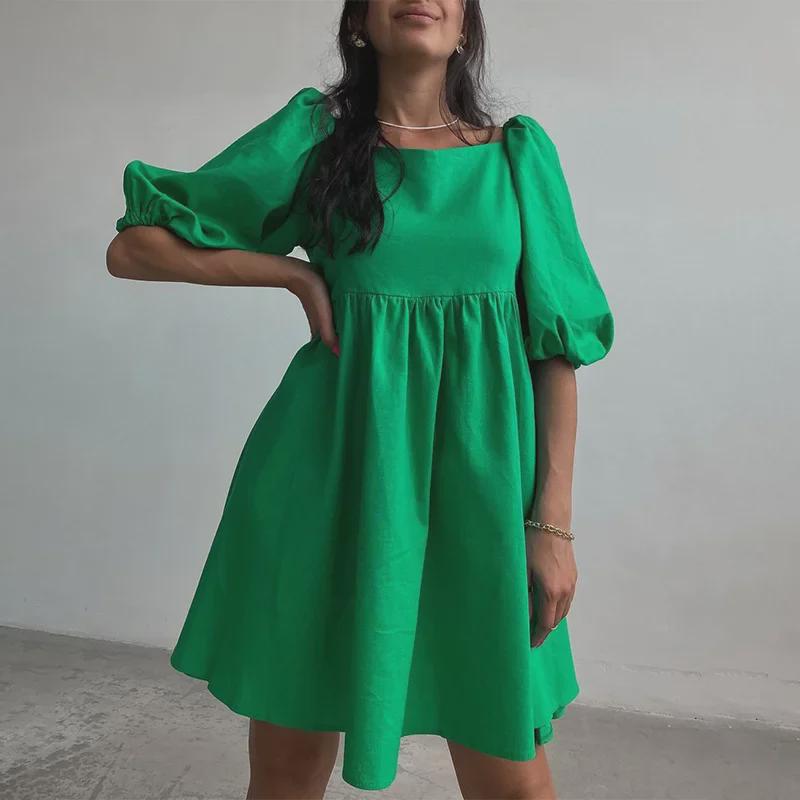 Miniabito a maniche a sbuffo monocolore: Monospalla con Scollo Quadrato e Sette Colori Primavera/Estate