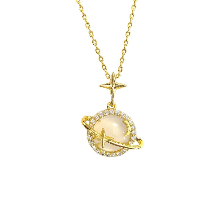 Ins Style Star Planet Moon White Chalcedony Pendant Necklace 925 Silver Chain Light Jewelry for Women