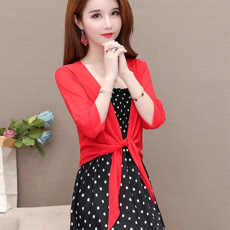 Shawl-style Top Women's All-match Short Chiffon Sunscreen Cardigan with A Thin Skirt