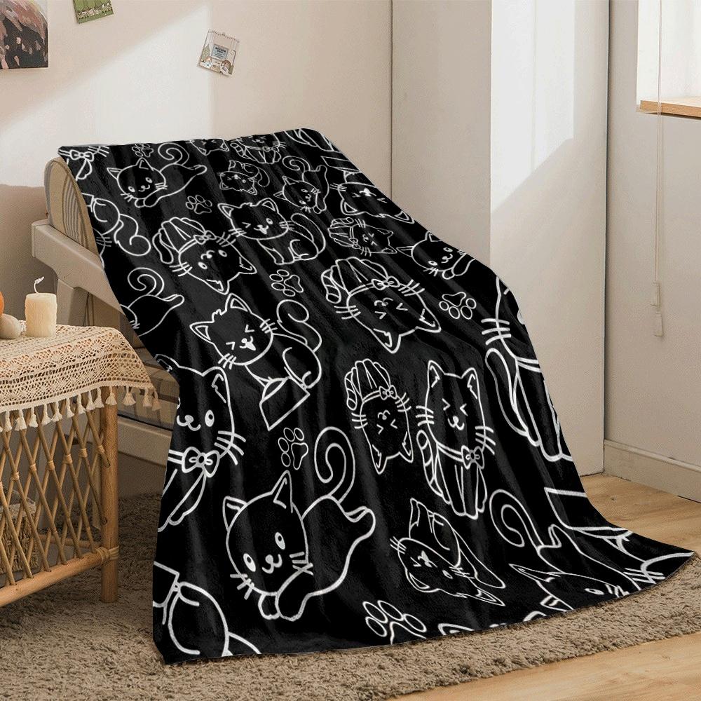 Outlined Playful Cats and Paw Prints On a Black Background. for All Seasons Blanket Lunch Break Throw Gift