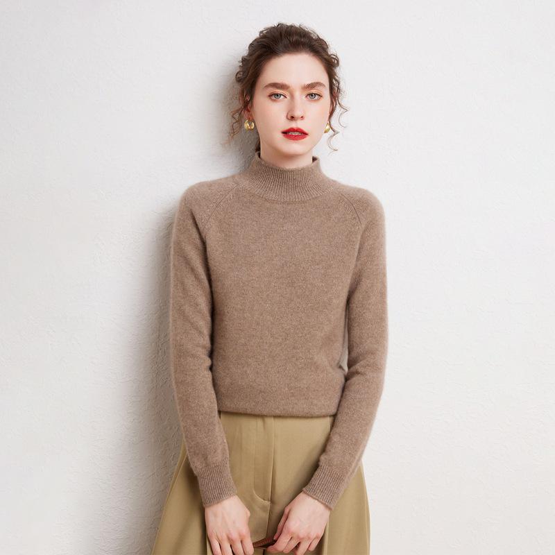 Women's 100% Pure Cashmere Sweater - Autumn/Winter Thick Half-High Collar Knit Base Layer, Loose Slimming Short Style