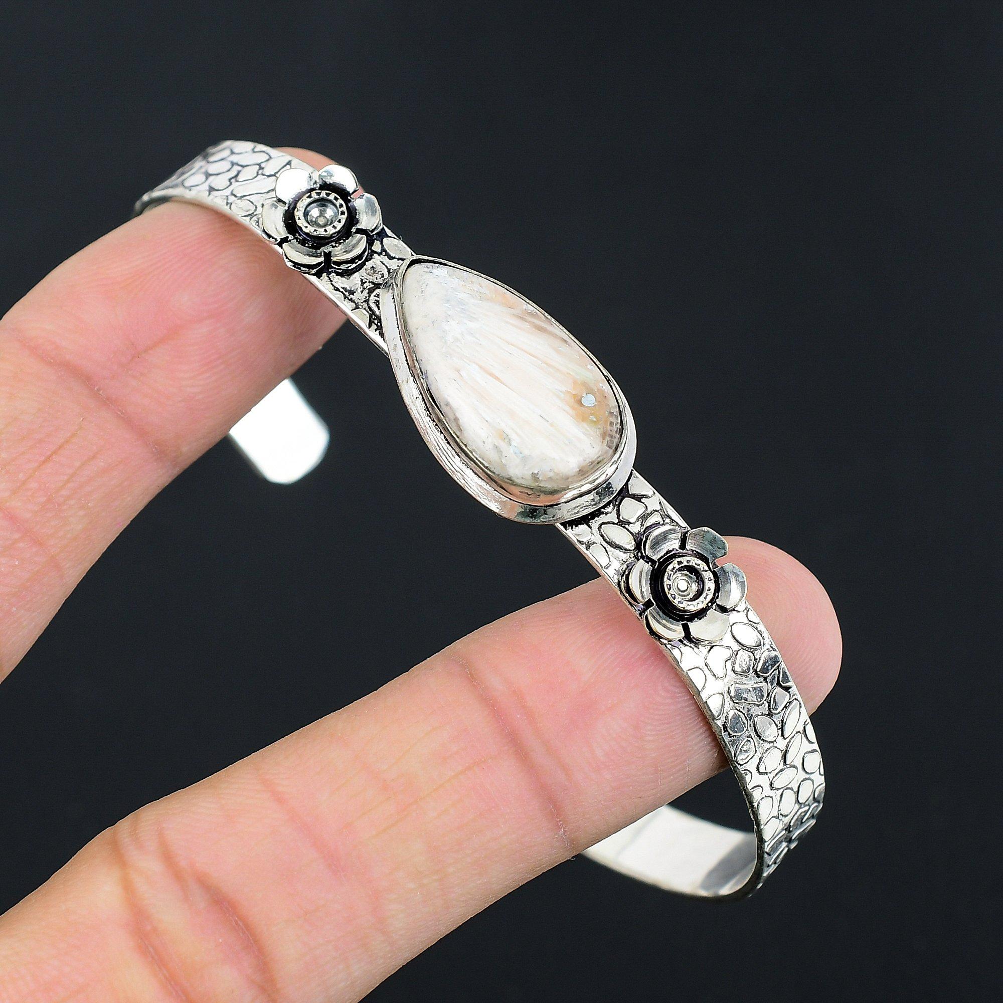 

Daughters Day Deal 925 Silver Pear Scolecite Gemstone New Flower Bangle Bracelet Adjustable