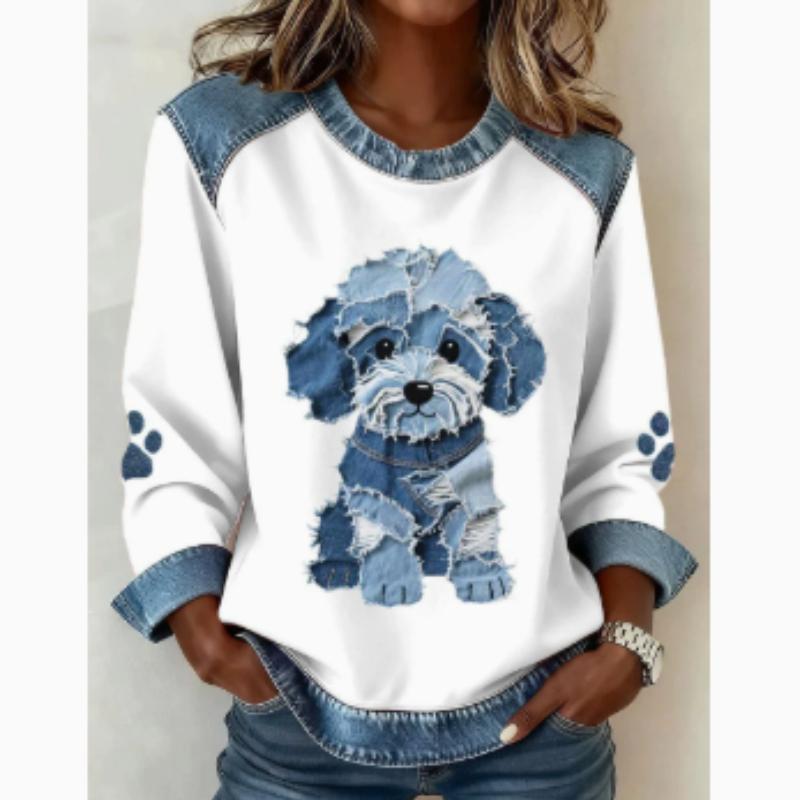Europäische Und Amerikanische Damenbekleidung Neue Modelle Kariert Nachahmung Kunstdenim-Druck Rundhals Langarm T-Shirt( Nicht-Denim-Stoff)