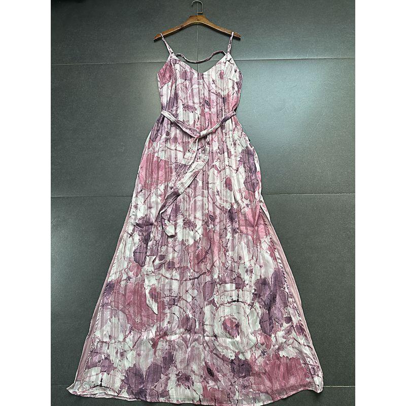 

Purple Blooming Flower Sling Dress Lulu Home High-End Line V Neck Slit Hemline Vacation Dress White Purple Halter Skirt S