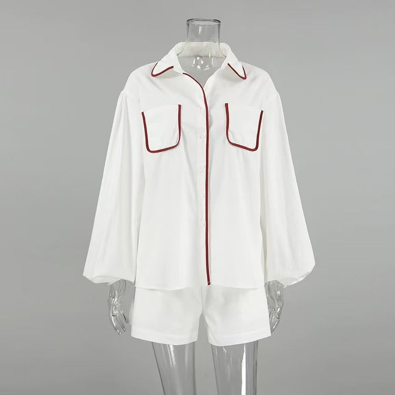 

Western Style Contrast Color Lantern Sleeve Shirts Shorts Set Lantern Sleeve Shirt Shorts Set White S