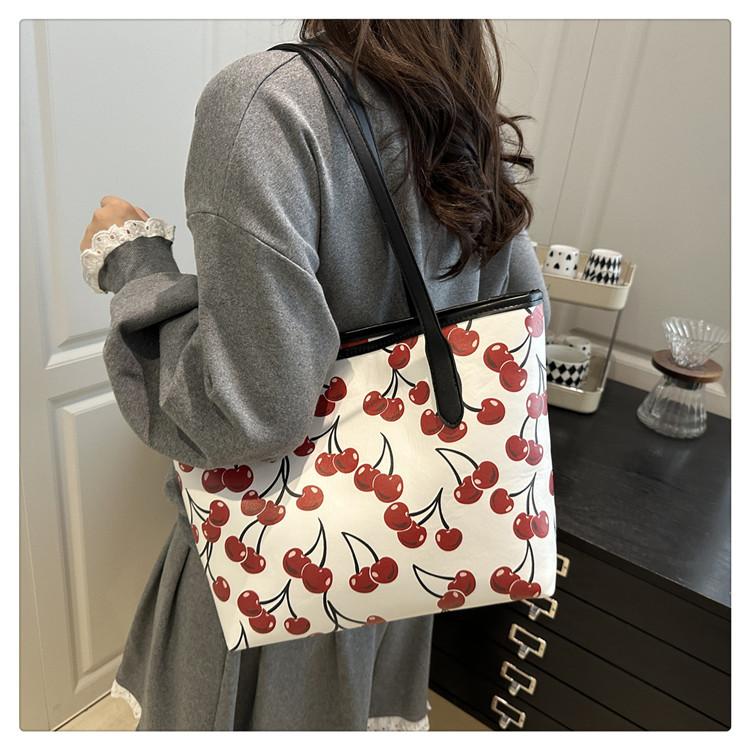 Cherry Print Large Capacity Tote Bag Fashionable Soft Faux Leather Shoulder Handbag for Women