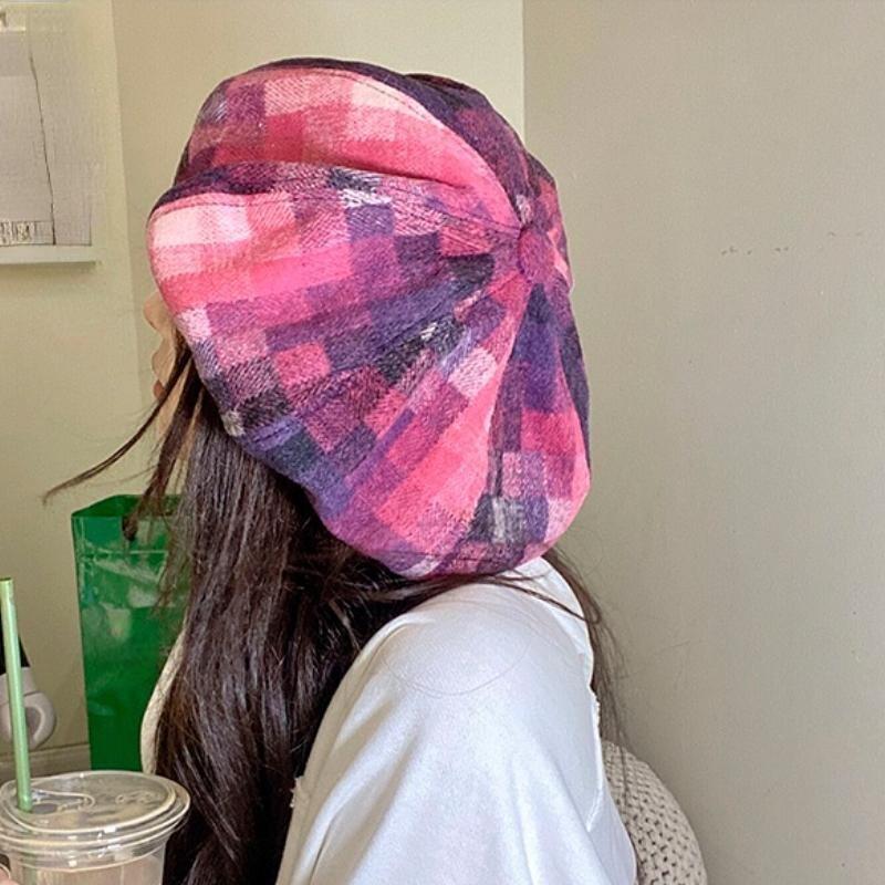 Women Houndstooth Beanie Hat Cap Newsboy Plaid Large Oversized Baggy Casual