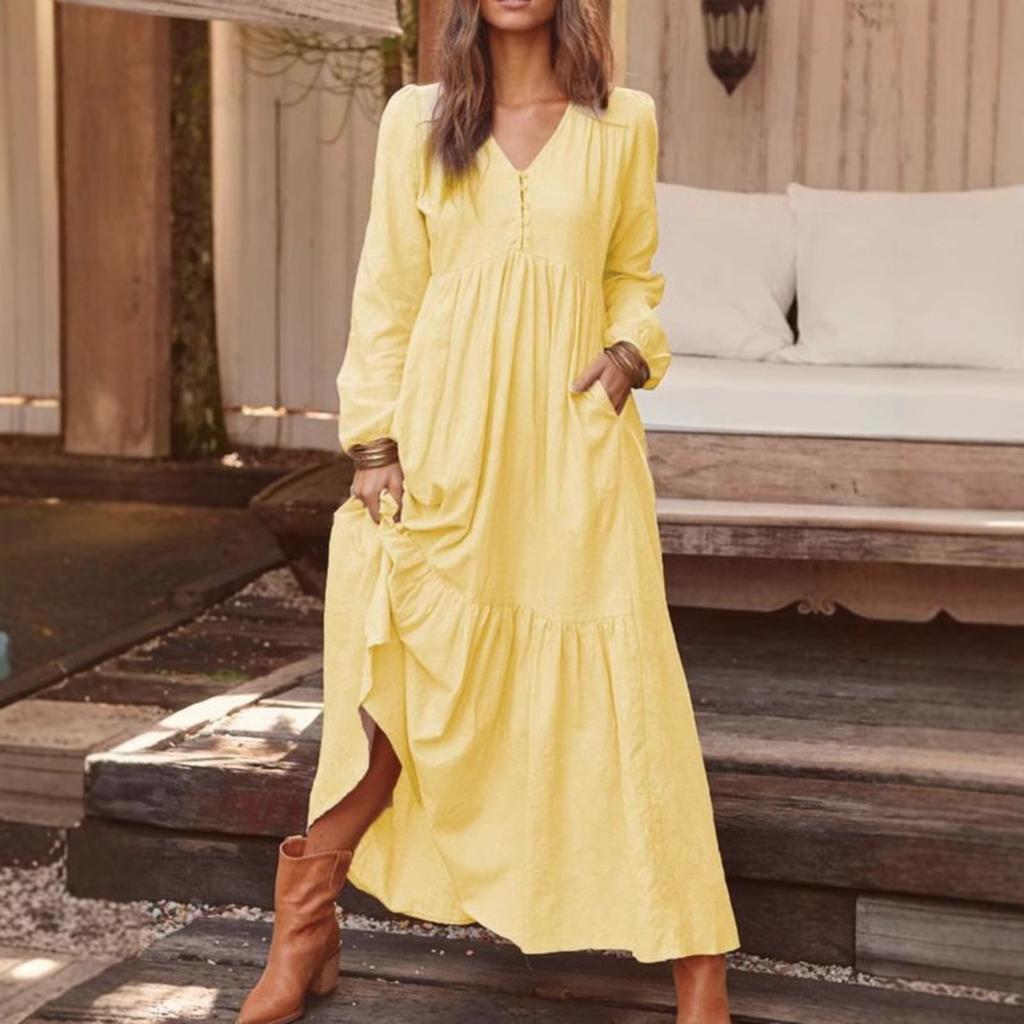 Women's V Neck Long Sleeve Maxi Dress Straight Fit High Waist Casual Solid Color Ruffle Tiered Long Dress