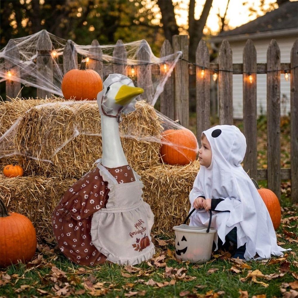 Pumpkin Print Goose Hat Dress Set Ruffled Hat Goose Apron Suit  Lawn Decoration