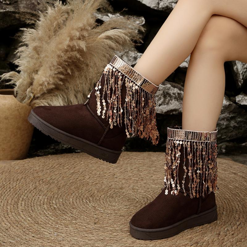Fashion Gold Fringe Non Slip Snow Boots Women  Winter Comfort Round Toe Thick Bottom Mid Calf Boots Warm Short Plush Booties