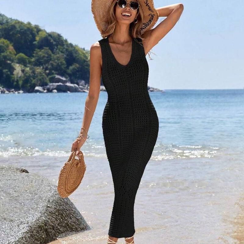 New Beach Skirt Solid Color Sexy Knitted Hollow Beach Bikini Swimsuit Vacation Women's Dress