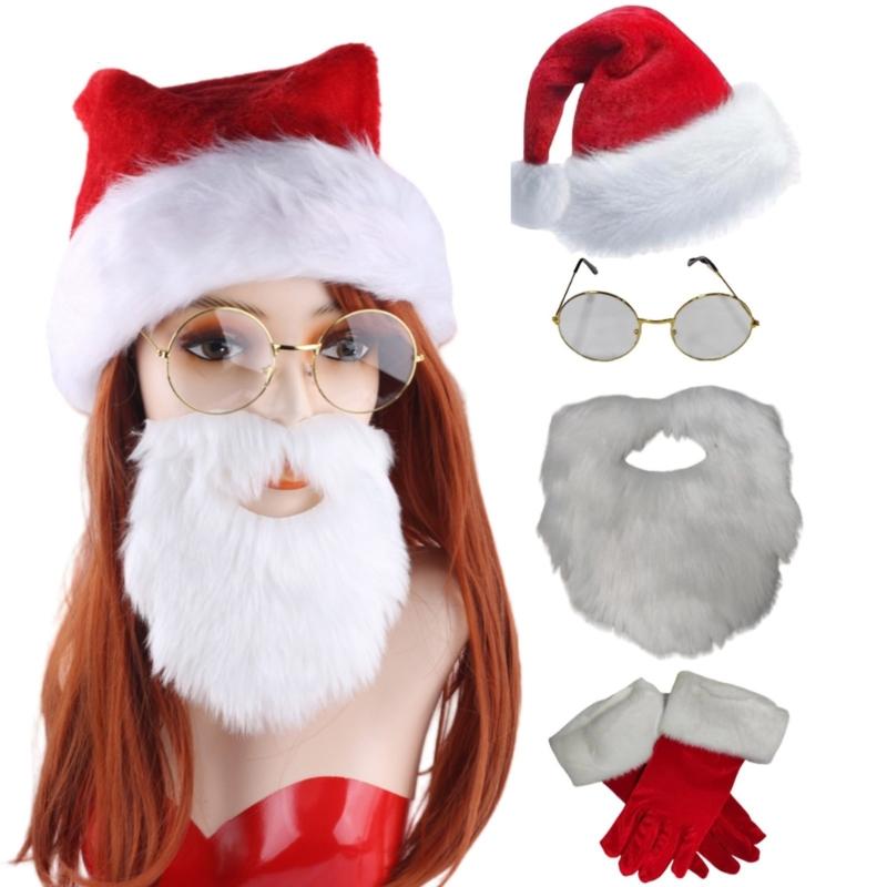 Santa Suit Christmas Santa Clauses Costume for Men Women 3/4Pcs Santas Costume Outfits Funny Bear Hat Glasses Gloves