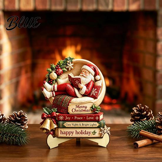 Indoor Outdoor Christmas Sign Wooden Table Sign 2D Flat Santa Claus/Snowman Reading Desktop Ornament Decorative Signage with Stand Holiday Tabletop