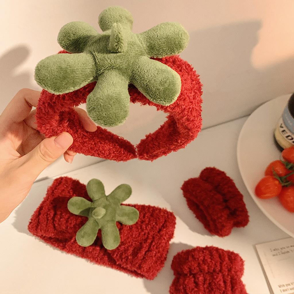 Strawberry Plush Face Washing Headband Set With Wristbands Cute Hair Band For Women Men Makeup Skincare Soft Absorbent Material