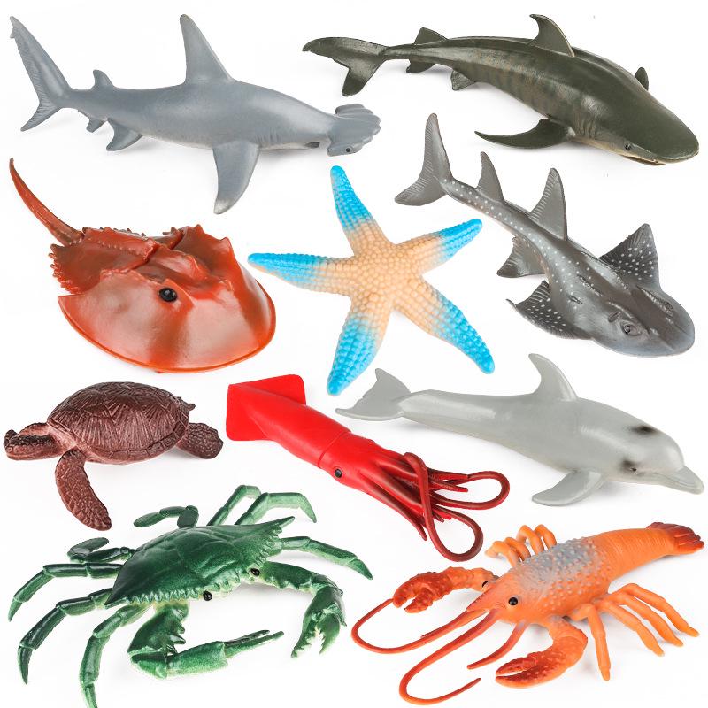 Marine Animal Simulation Model Figures: Shark, Dolphin, Hammerhead, Crab, Squid, Starfish for Kids' Education