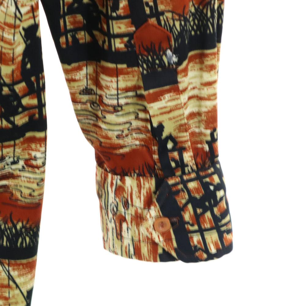 Vintage 70s Polyester Shirt Overall Handle Long Sleeve Shirt Brown Men's Used