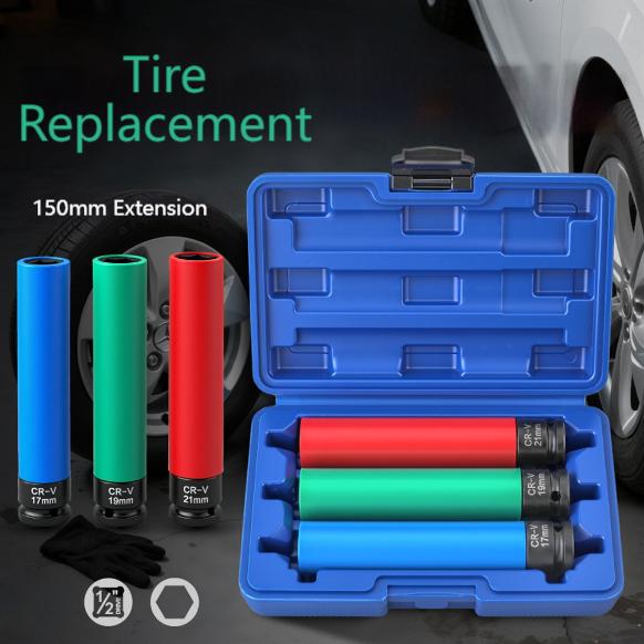 Extended 150mm Nut Socket Set 3PCS for Automotive For Tire Removal with Color Coded Size and Protective Sleeve