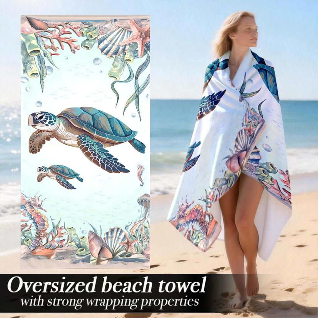 A Sea Turtle-Themed Beach Towel With A Sun-Protective And Windproof Design, Suitable For Swimming Pools, Camping, And Travel.