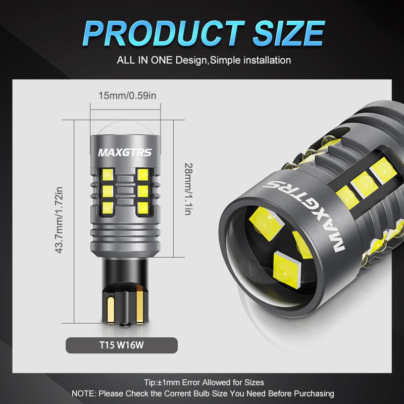 MAXGTRS 2x W16W T15 LED Canbus Error Free Backup Light T16 921 912 W16W Bulbs Car Reverse 6500K White 12V Lens