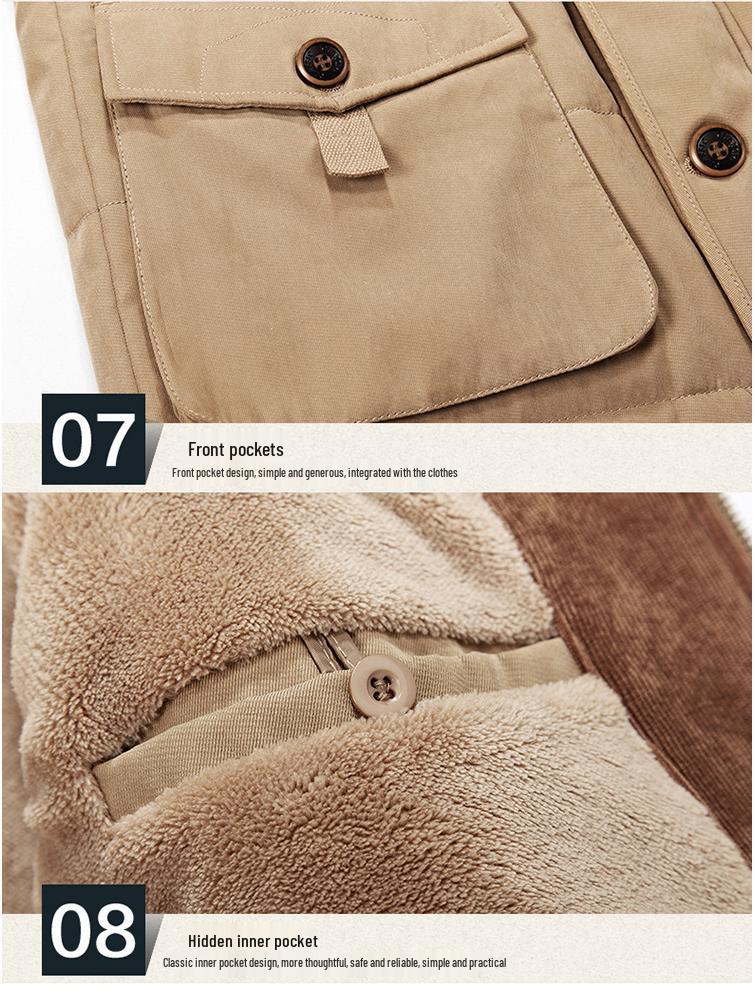 Winter 13029 Men's Mid-Length Fleece-Lined Cotton Coat, Plus Size, Multi-Pocket, for Middle-Aged & Elderly