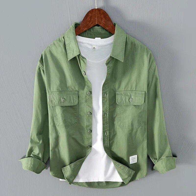 

Мужские рубашки-карго в корейском стиле, хлопковая однотонная рубашка, весенне-осенние свободные повседневные топы, молодежная модная рубашка с длинным рукавом XXXL зелёный