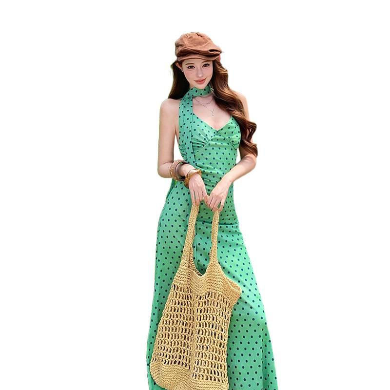 French polka dot streamer neck dress women's summer temperament green skirt waist hip skirt vacation dress