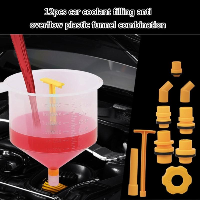 12Pc Automotive Coolant Filling Funnel Spout Set Ensures No Spills During Refills with ABS Plastic for Various Vehicles