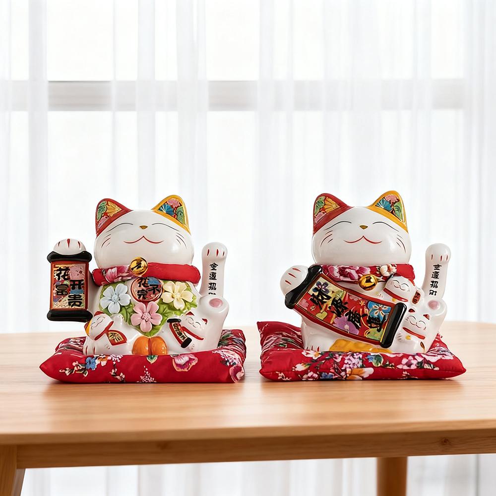 7 Inch Fortune Cat with Waving Arm Ceramic Lucky Cats Feng Shui Centerpiece Decor Ornament for Home Office Shop Decoration