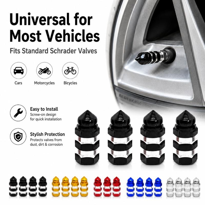 4PCS Tire Valve Stem Caps Universal Aluminum Alloy Hex Grip Dustproof Covers for Cars Motorcycles and Bicycle Wheels Valve Stems 1