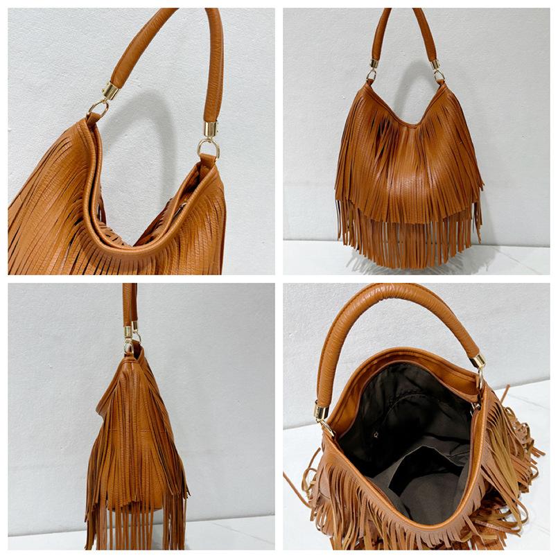 Large Capacity Tassel Shoulder Bags Leather Vintage Shoulder Crossbody Bags For Women Luxury Tote Bags Travel Shopper Handbags