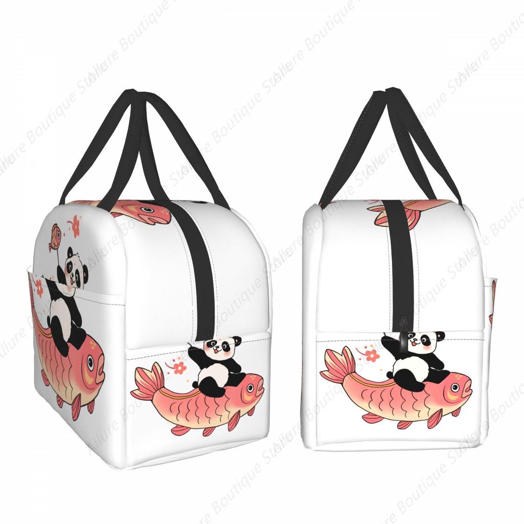 A panda rides a koi Lunch Bag Waterproof Insulated Canvas Cooler Bag Thermal Cold Food Picnic Travel Tote for Women Children