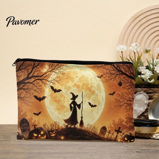 Wear-resistant Storage Bag Bag, with Smooth Zipper, Thickened Polyester Large Capacity Reusable Cosmetic Halloween Witch Pumpkin Pattern Printed Pouch